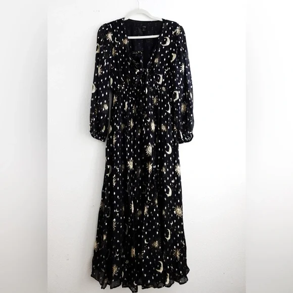 J. Crew Black and Gold Long Sleeve Celestial Moon and Stars Maxi Dress Small - Picture 4 of 10